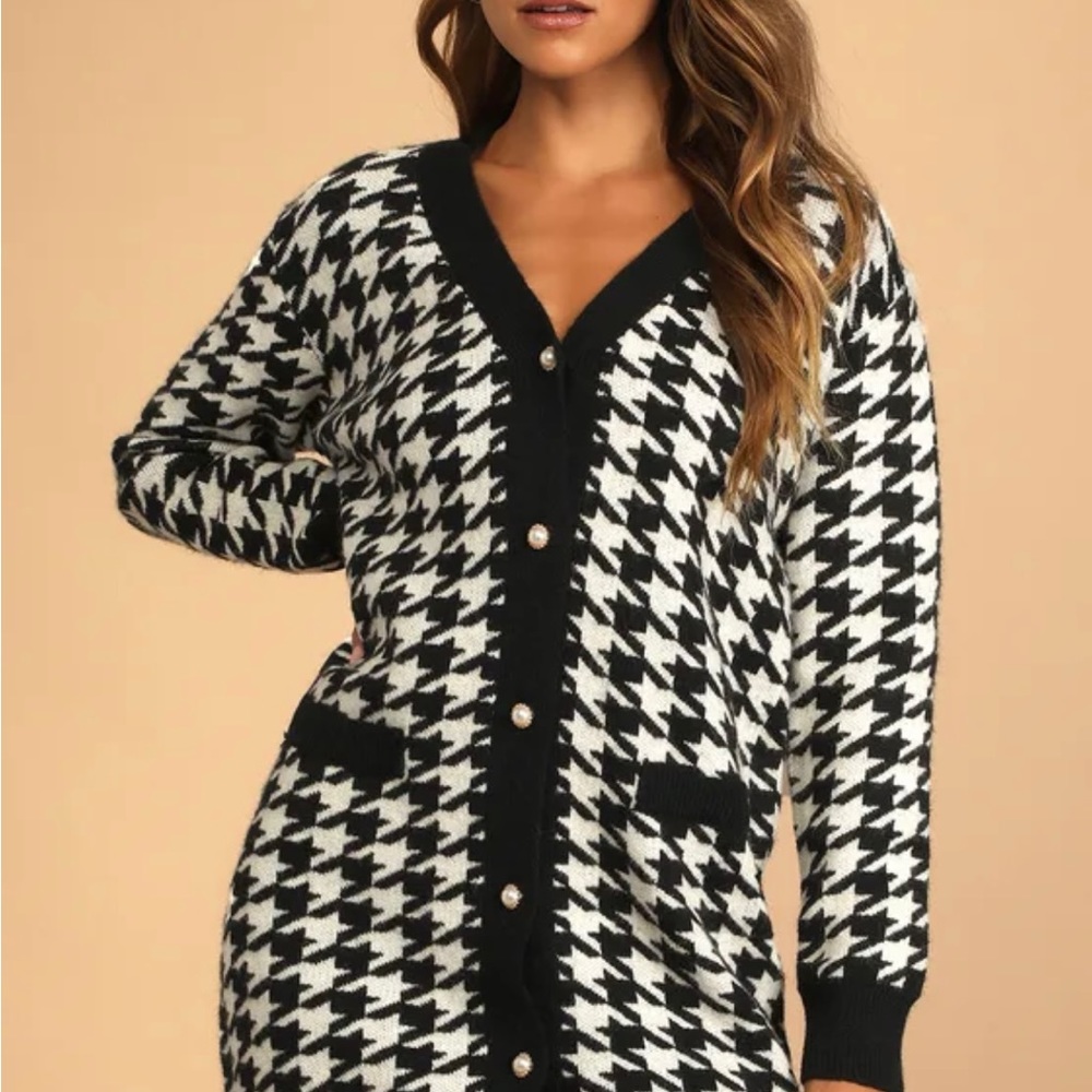 Lulus x Lush Houndstooth Cardigan Sweater Dress